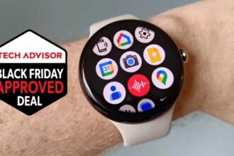 Google Pixel Watch 3 next to Tech Advisor Black Friday Approved Deal badge