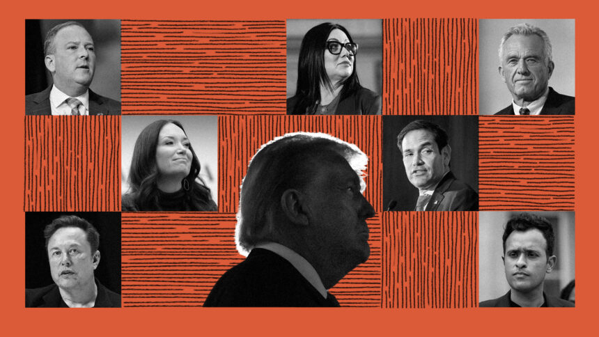 A stylized collage of the faces of people nominated to Donald Trump