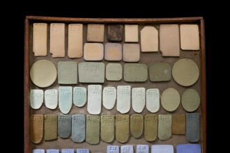 a tray of various shapes of ceramic pieces glazed with different colors