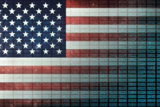 A US flag with binary code superimposed over the image.