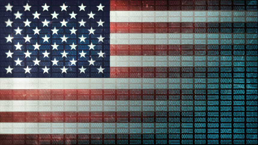 A US flag with binary code superimposed over the image.