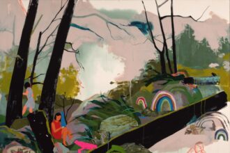 an abstract landscape painting with figures and rainbows interacting in a glen