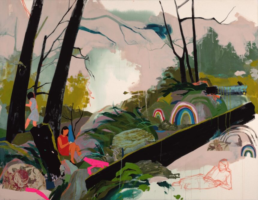 an abstract landscape painting with figures and rainbows interacting in a glen