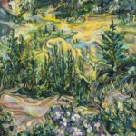 a vibrant gestural landscape in hues of green, yellow, pastel purple, and light blue