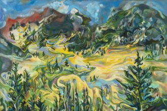 a vibrant gestural landscape in hues of green, yellow, pastel purple, and light blue