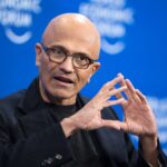 Microsoft CEO Satya Nadella gestures during a session at the World Economic Forum (WEF) annual meeting in Davos, on January 16, 2024.