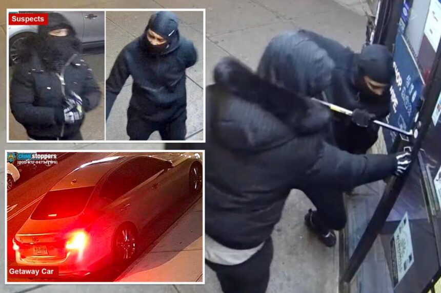 Video shows bumbling burglars using crowbar to break into NYC drug store — but they fled empty-handed