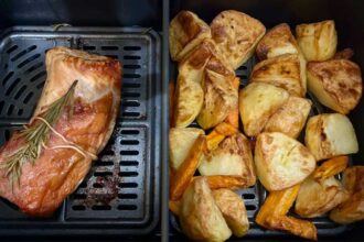 Turkey and roast potatoes and carrots in an air fryer