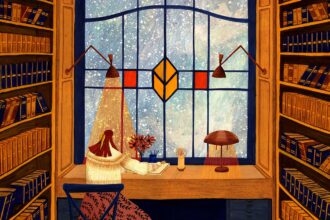 an illustration of a woman seated at a desk in front of a large stained glass window, working on her writing while it snows outside