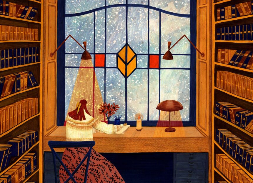 an illustration of a woman seated at a desk in front of a large stained glass window, working on her writing while it snows outside