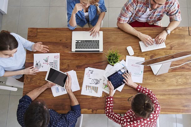 A team working hard together in an office.