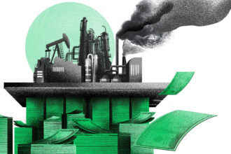 An illustration of an industrial site sitting on top of a pile of green cash