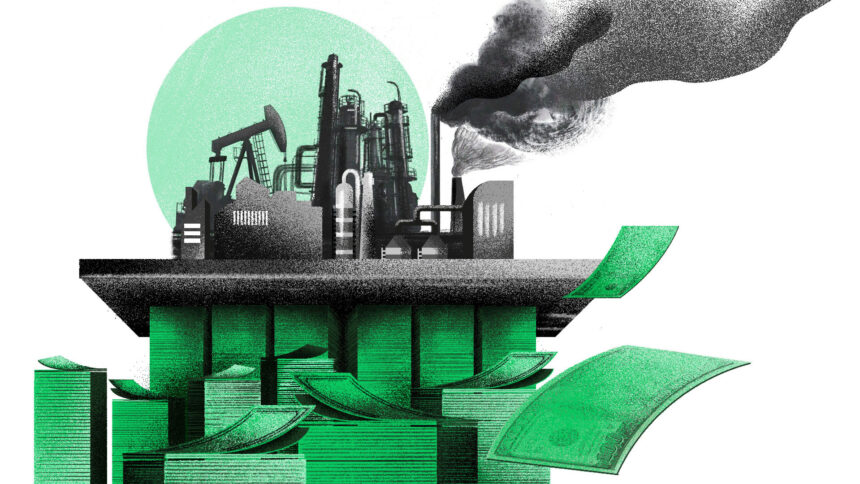 An illustration of an industrial site sitting on top of a pile of green cash