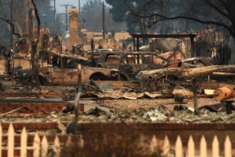 The wreckage of a burned home in the aftermath of the Eaton Fire, which destroyed more than 7,000 structures in the Altadena area of Los Angeles, California.