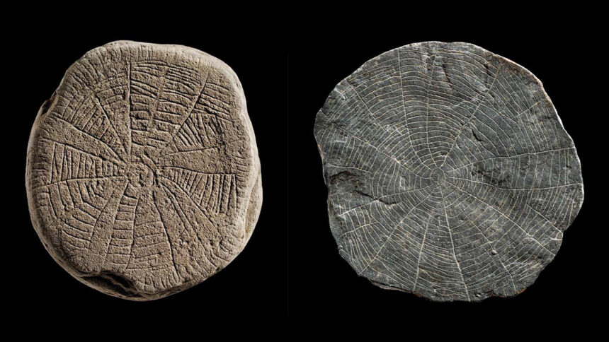 Two stone disks engraved with circles and lines against a black background.