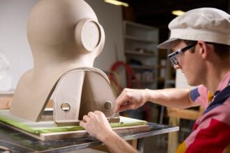 an artist works on a large almost figurative sculpture on a table