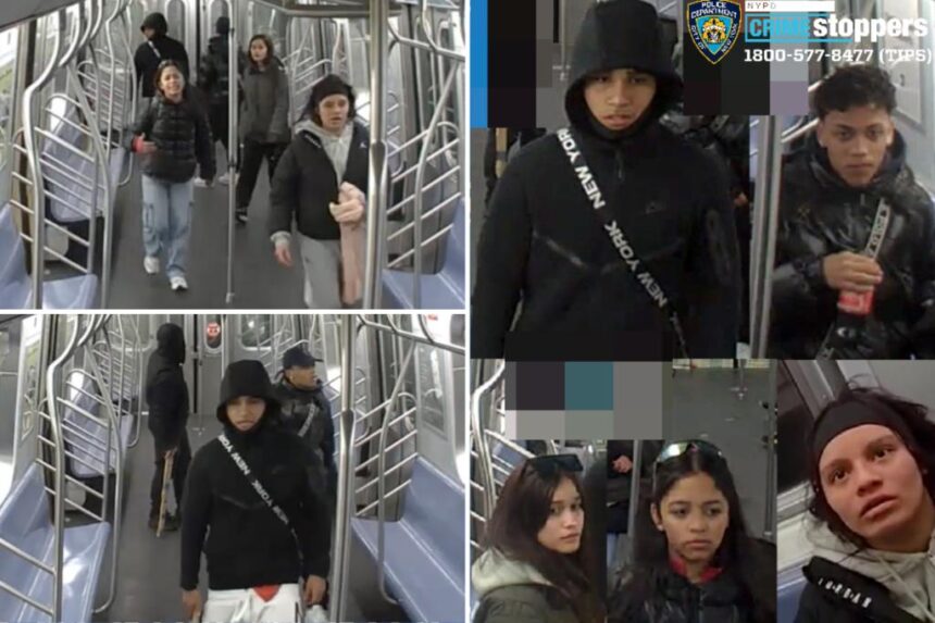 Baby-faced crooks armed with bat, knife and pieces of wood mug NYC straphanger before shoving him out of subway car: cops