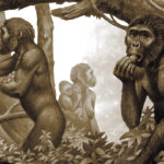 A sepia-toned illustration of a group of early humans, or australopithecus, collecting vegetation