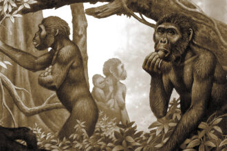 A sepia-toned illustration of a group of early humans, or australopithecus, collecting vegetation