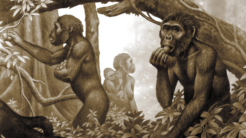 A sepia-toned illustration of a group of early humans, or australopithecus, collecting vegetation