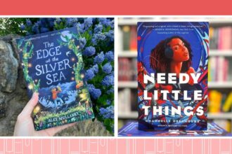 Collage of new books for February 2025, including At the Edge of the Silver Sea and Needy Little Things