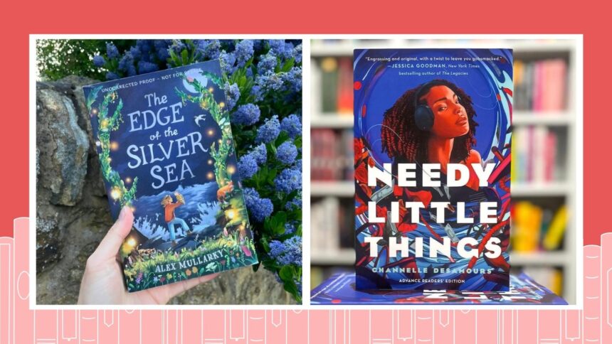 Collage of new books for February 2025, including At the Edge of the Silver Sea and Needy Little Things