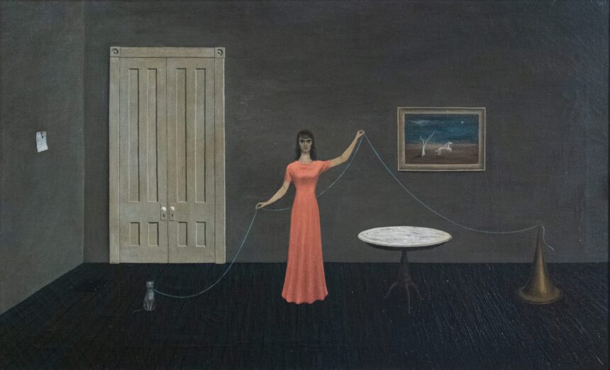 a surreal oil painting of a woman in a pink dress, standing in a gray room holding a string, connected to an owl, with a painting in the background of a castle tower in a landscape