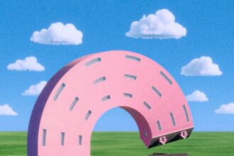 two pink houses sit next to each other in a large green lawn, under a blue sky, and one of the houses has reached up and is curved to hover over the other one as if listening in