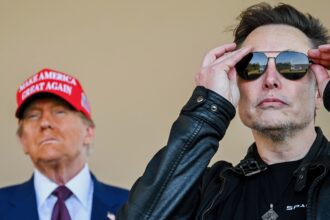 Elon Musk adjusts his sunglasses and Donald Trump looks on from two paces behind him. The two men are together to watch the launch of a SpaceX rocket.