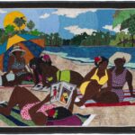 a quilted figurative portrait of a group of Black women lounging in the sun on a sandy riverbank