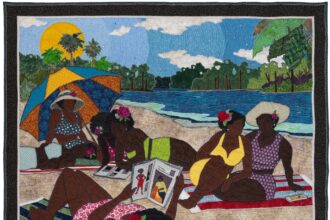 a quilted figurative portrait of a group of Black women lounging in the sun on a sandy riverbank