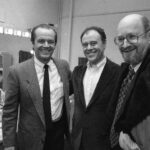 Actor Jack Nicholson (left) visits  with Bob Dishy (center) and Jules Feiffer following a performance of Feiffer's