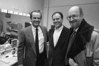 Actor Jack Nicholson (left) visits  with Bob Dishy (center) and Jules Feiffer following a performance of Feiffer's