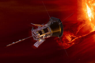 Illustration of a roughly cylindrical spacecraft near the sun. The sun is emitting a large coronal loop.