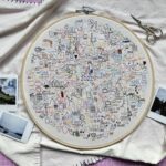 an embroidery hoop with numerous embroidered icons in different colors, each icon representing a day of the year