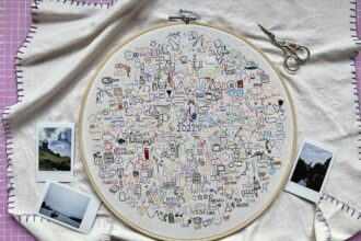 an embroidery hoop with numerous embroidered icons in different colors, each icon representing a day of the year