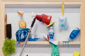 a trompe-l'oeil painting of numerous household items with dogs' faces on them, arranged around the stretcher bars of a painting canvas