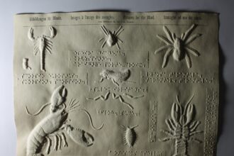 an embossed page of crustacean shapes from a collection of pictures for the blind (tactile graphics), created by M. Kunz, Director of the Illzach School near Mulhouse, France