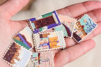 a hand holds up a collection of small, vibrant collages, each shaped like a stamp. they depict scenes with a building, water, architecture, and patterned designs