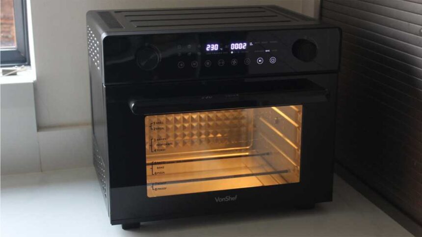 The air fryer oven on a kitchen counter