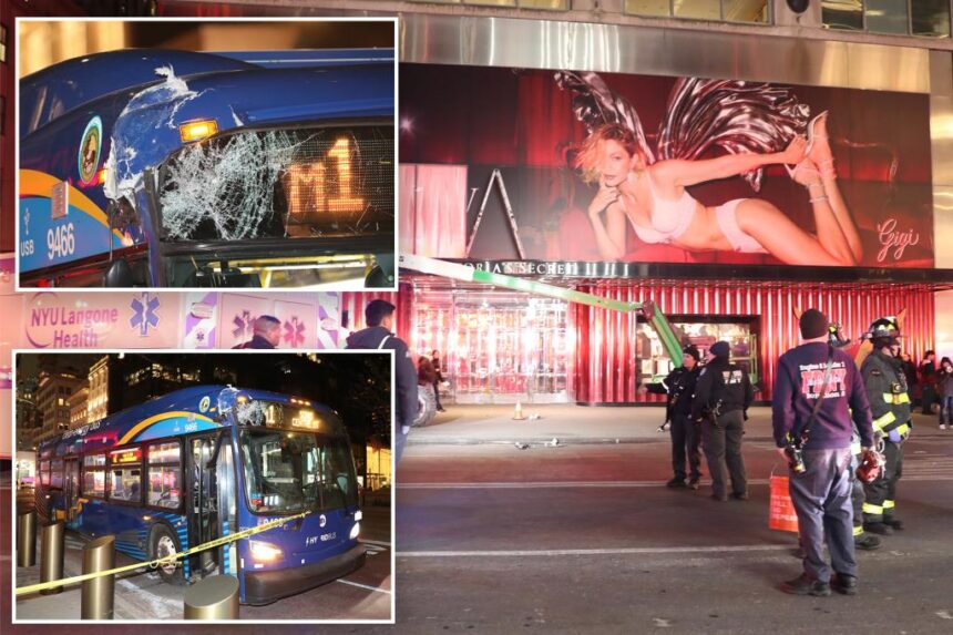 Worker killed while changing billboard in front of NYC Victoria's Secret store after MTA bus clips small boom lift