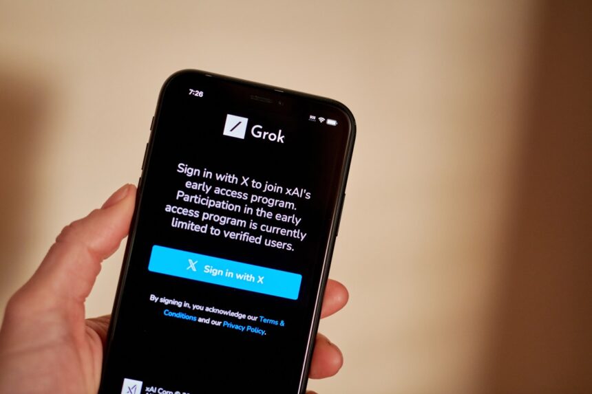 Hand holding a mobile phone showing Grok sign-in screen