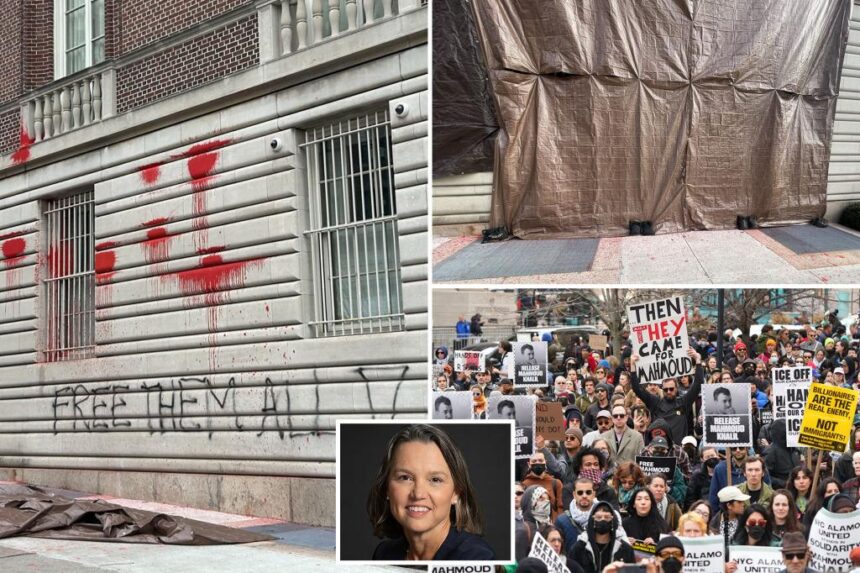 Vandals splash Columbia University president’s home with red paint as protests rage over ICE arrest of Mahmoud Khalil: cops