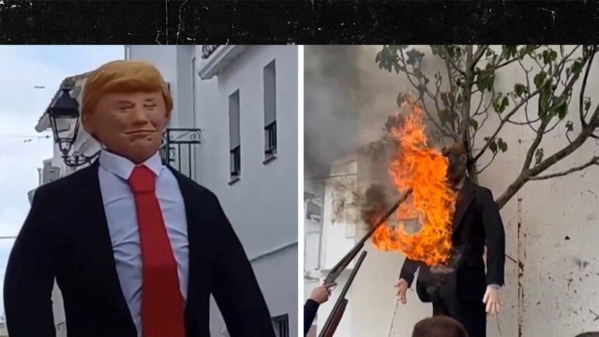 Donald Trump Dummy Hung on Tree, Shot Up and Burned at Spanish Festival