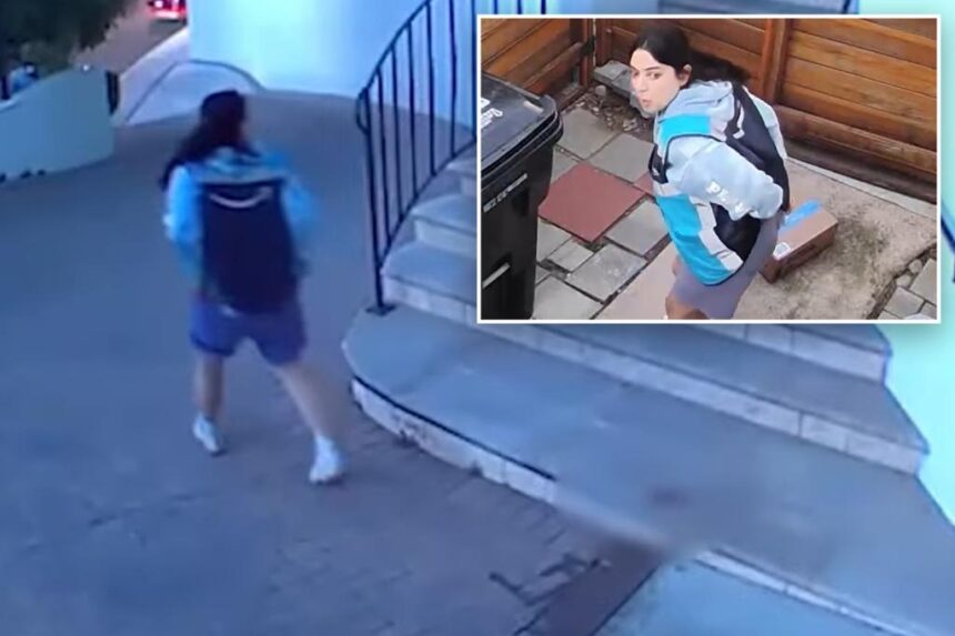 Amazon driver caught with her pants down in surveillance footage after families find stomach-turning ‘deliveries’ on porch