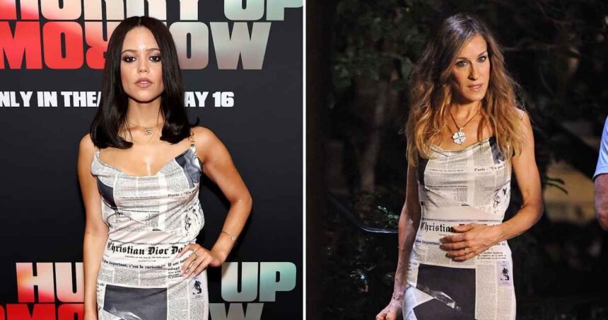 Jenna Ortega Wears Carrie Bradshaw’s Iconic Dior Newspaper Dress