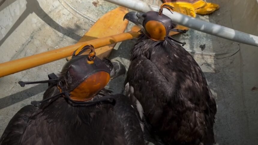 Rescuers borrow canoe to save baby bald eagles in river