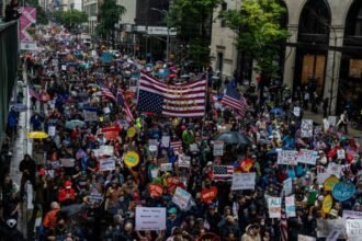 Large protests across US against Donald Trump’s ‘authoritarian’ policies
