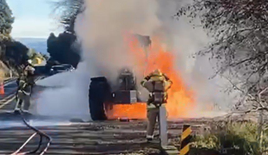 Tractor up in flames in spectacular Three Mile Hill blaze