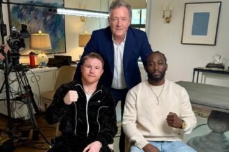 Canelo Alvarez (left) and Terence Crawford (right) warn Piers Morgan (center). [Image courtesy: @piersmorgan on Instagram]